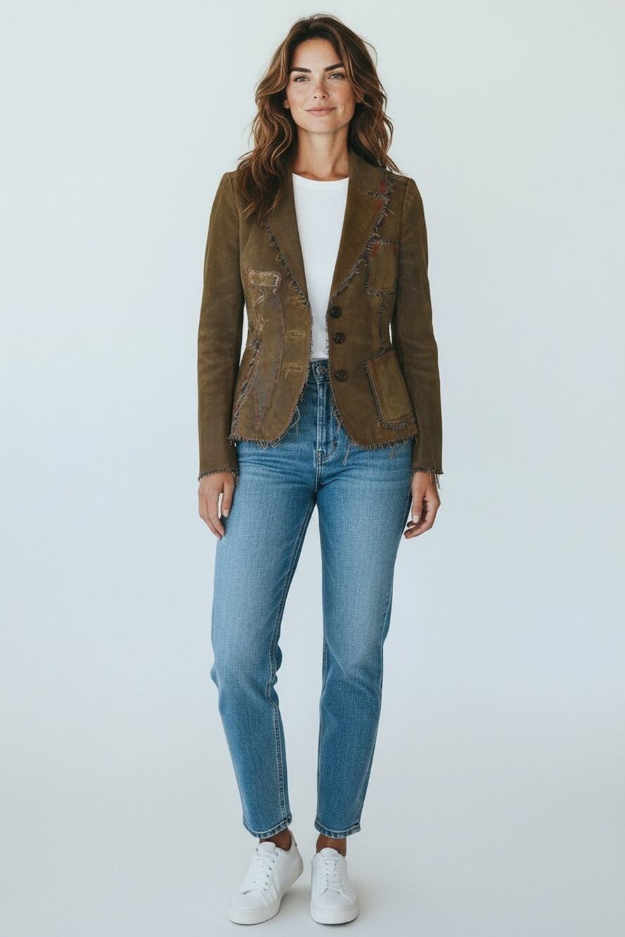 B4 NWOT RAW Brown Genuine Leather Patchwork Distressed Frayed Edges Jacket Sz XS